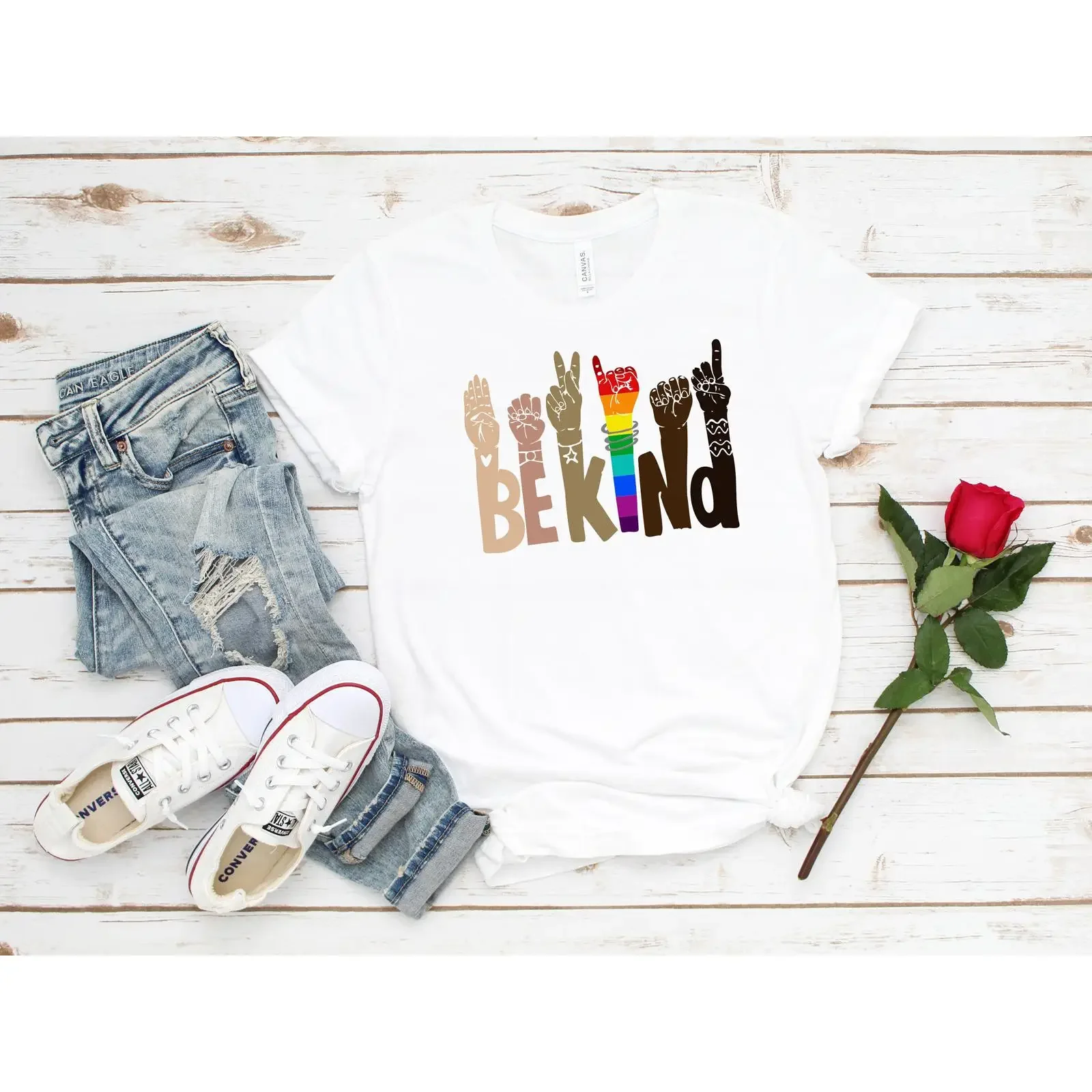 Be Kind Sign Language T Shirt Rainbow Hands Kindness vintage Washed Stylish Soft Slightly streetwear Unisex graphic Comfortable
