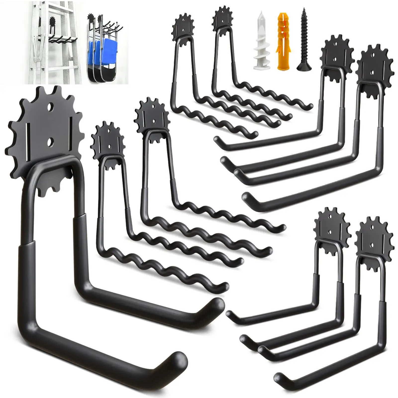 

Heavy Duty 9-Piece Garage Wall Hook Set - Organizer for Bikes, Tools, Ladders, and Garden Gear (Black)