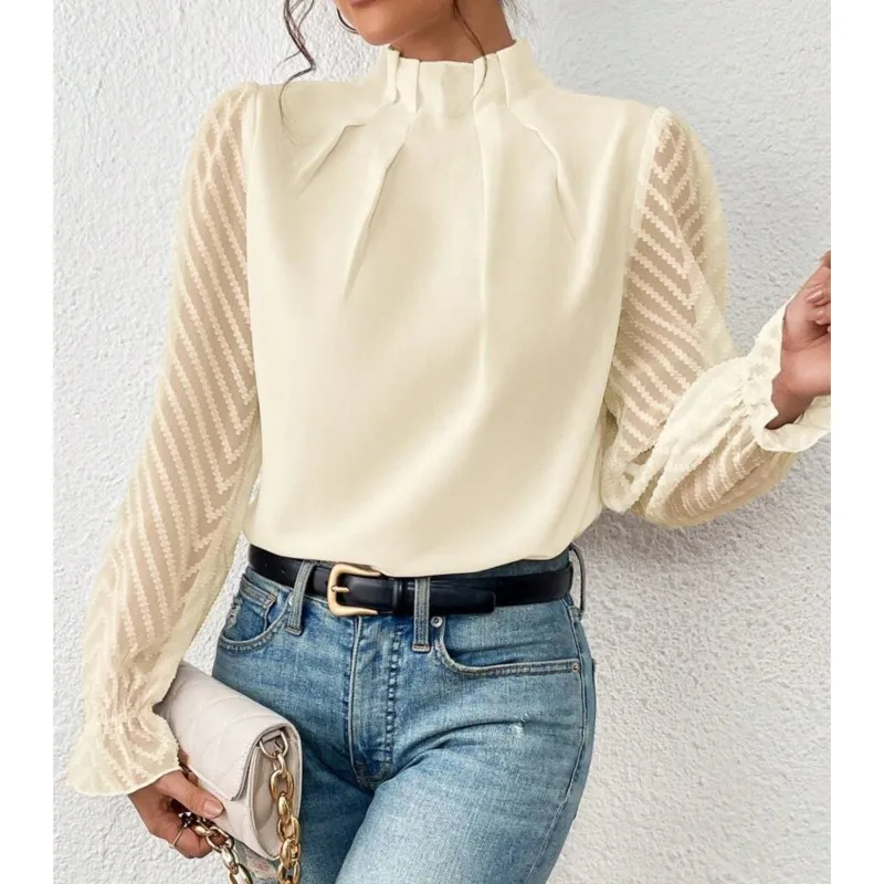 Spring Shirt New Patchwork Wave Pattern Chiffon Long Sleeved Top For Women Elegant Office Lady White Solid Pullover Woman Blouse