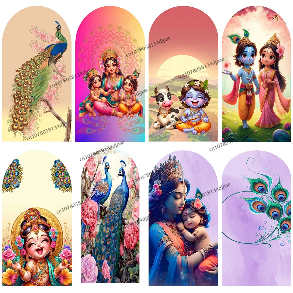 

Krishna Yashoda фон для дня рождения, арочная крышка, детский фон для вечеринки, декор для фотосъемки, индийский павлин, детский душ, двусторонний баннер