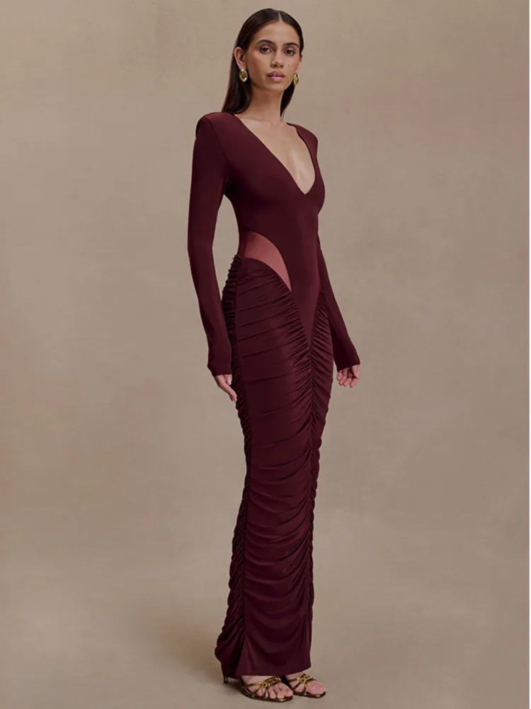 القطب الشمالي مثير العميق الخامس شبكة المرقعة Bodycon فستان أنيق مطوي المرأة سليم فستان طويل الخريف الشتاء نادي الحفلات ثوب مسائي