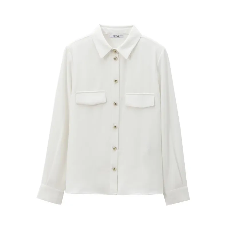 Camicie con spalline da donna HipSeam Autunno semplice tasca a maniche lunghe ampia ed elegante camicette in crepe da donna Top femminili casual