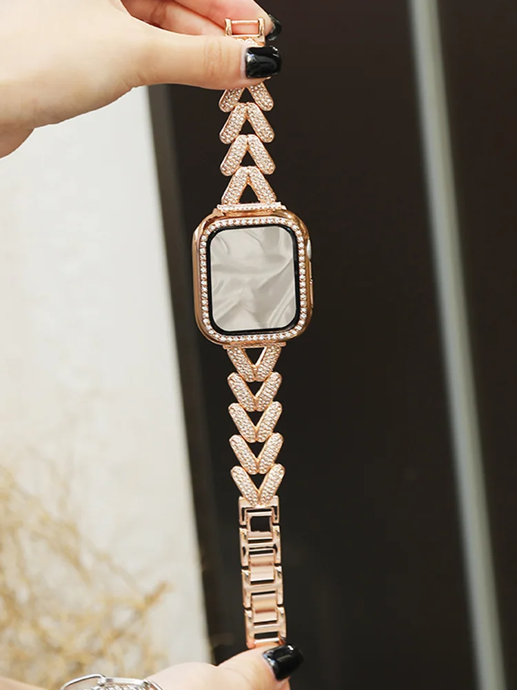 

Металлический ремешок с бриллиантами для Apple Watch 10, ремешок 46 мм, 42 мм, 45 мм, 40 мм, 41 мм, 44/49 мм, женский ремень-браслет iWatch Series 9 8 7 Se 6 Ultra