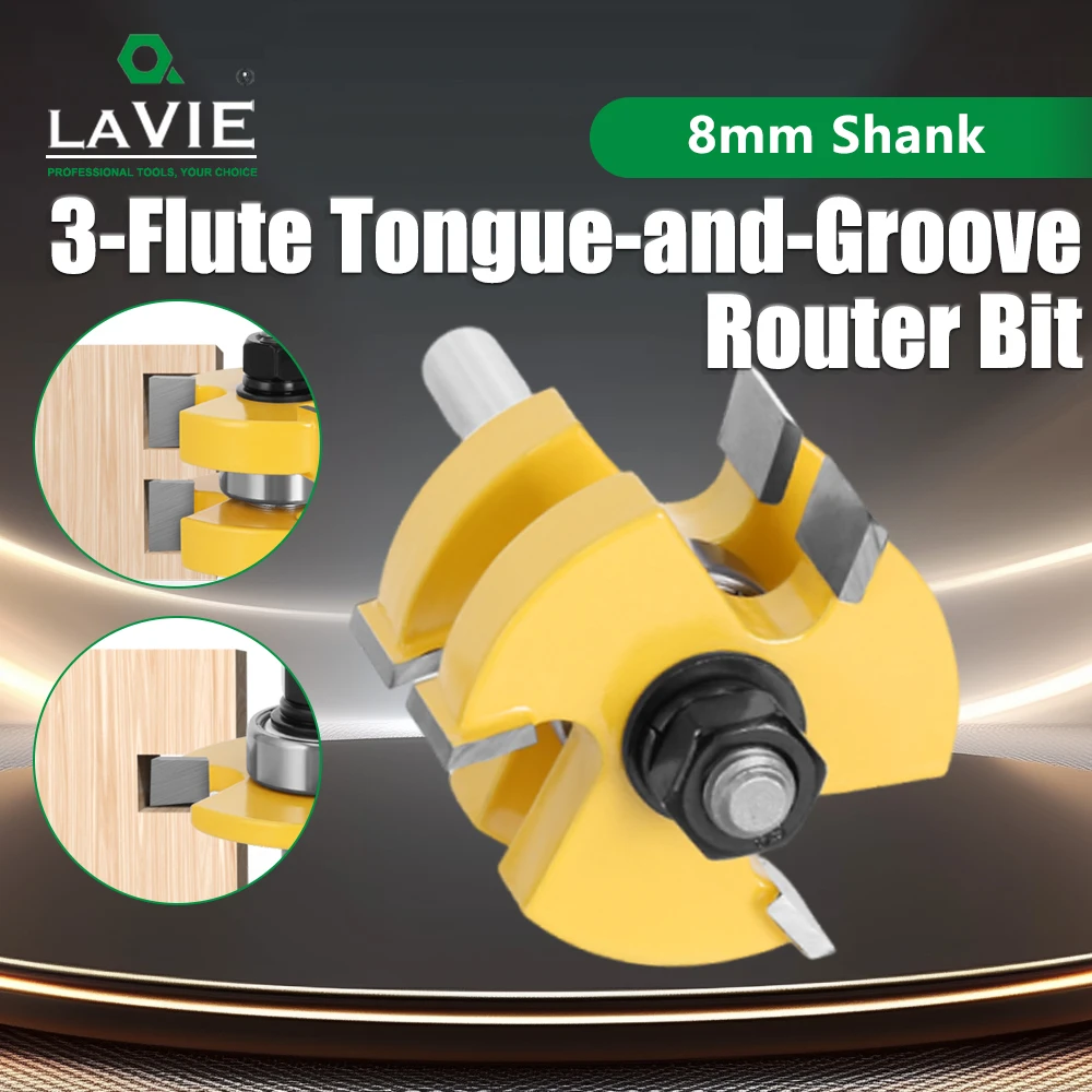 LAVIE 8mm Shank Bearing Guided 3-Wing T-Slot Tongue Groove Router Bit, Adjustable Wood Milling Cutter For 1/4