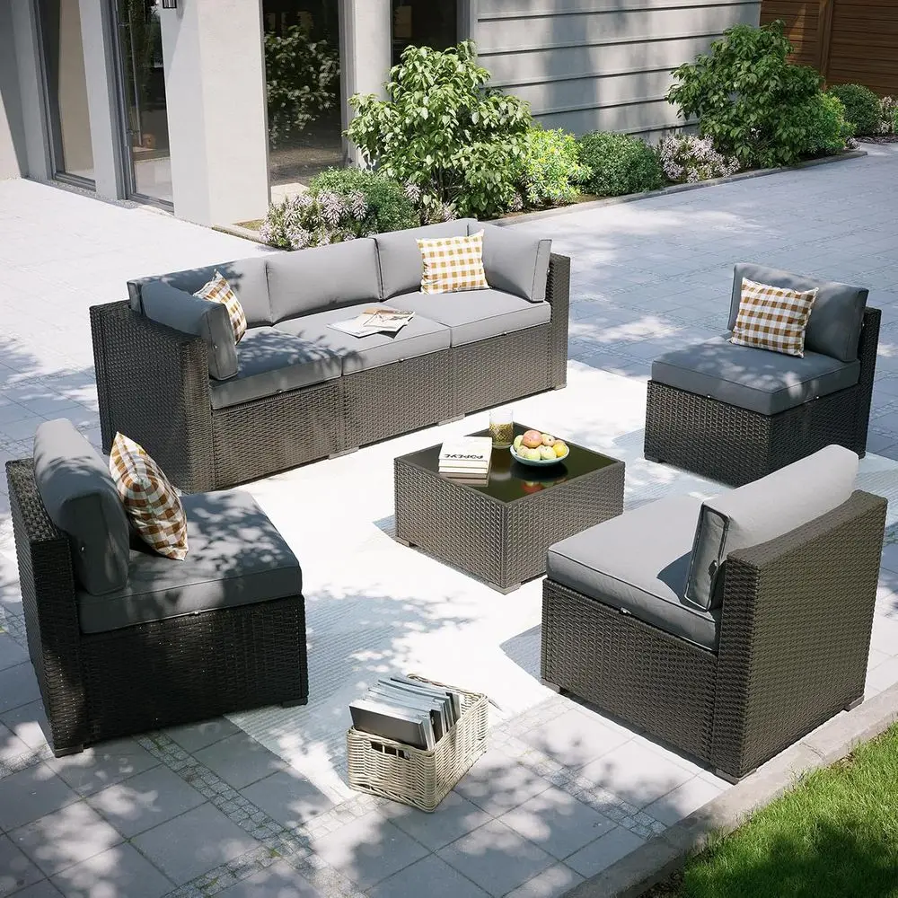 

7-местный комплект уличной секционной мебели с водонепроницаемым чехлом, плетеная мебель из ротанга для заднего двора и сада, светло-серый цвет