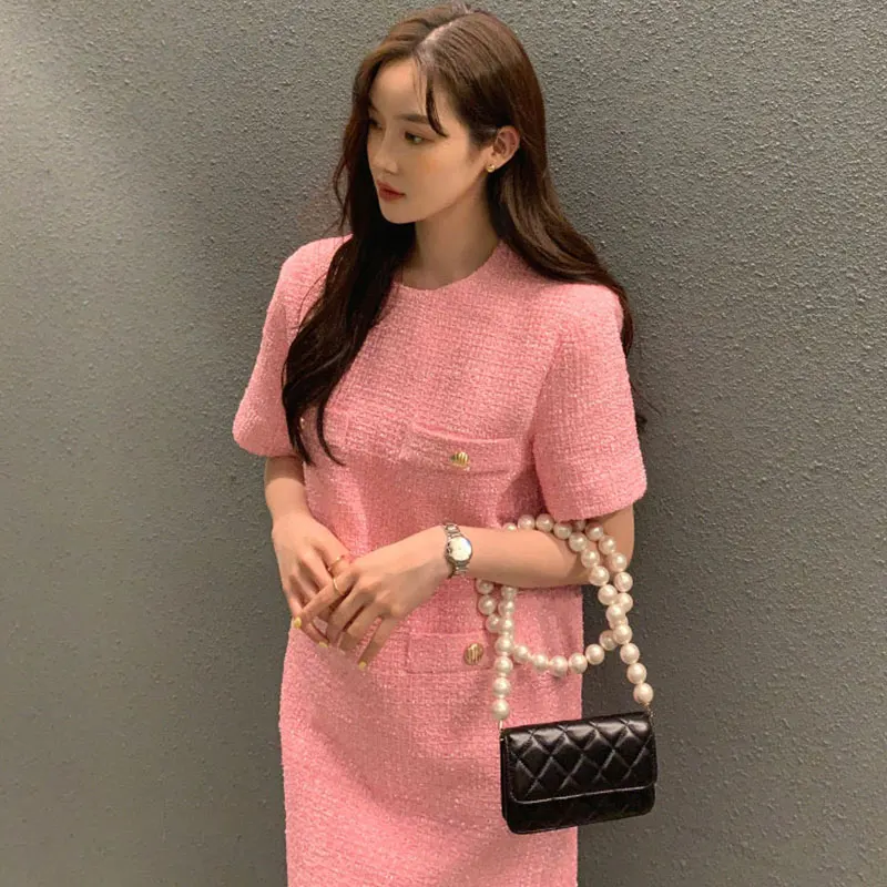 Chic Summer Simple round Ne ket Decorated Plaid Tweed ort Sve Dr ort Skirt Women Korean Sle Loose Waist