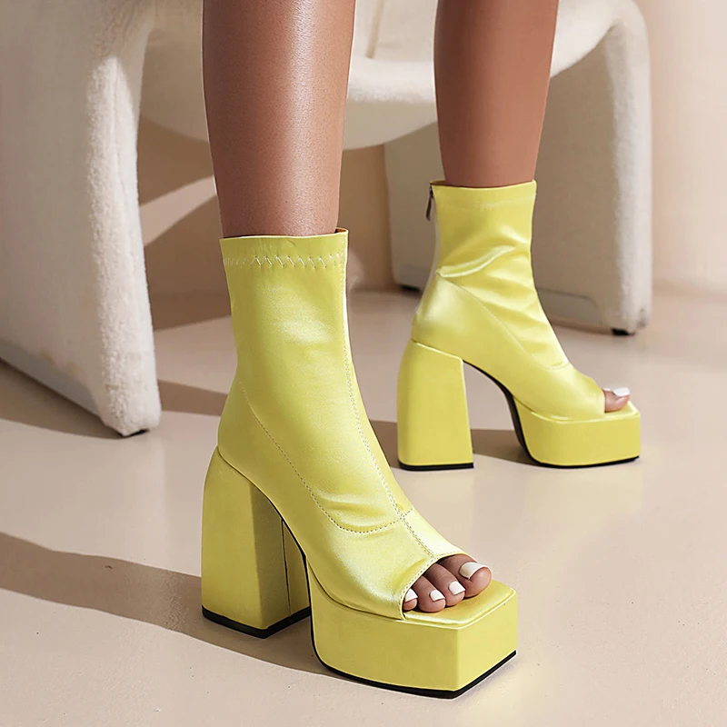 

Satin Cloth Material Peep Toe Cool Boots Ultra-High Thick Heel Waterproof Platform Open Toe Summer Breathable Mid-Tube Boots