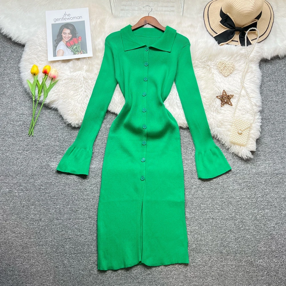 YuooMuoo Frauen Kleid 2025, Herbst Elegante einreiher Hemd Pullover Kleid Koreanische Mode Dame Sexy Paket Hüften Party Kleider