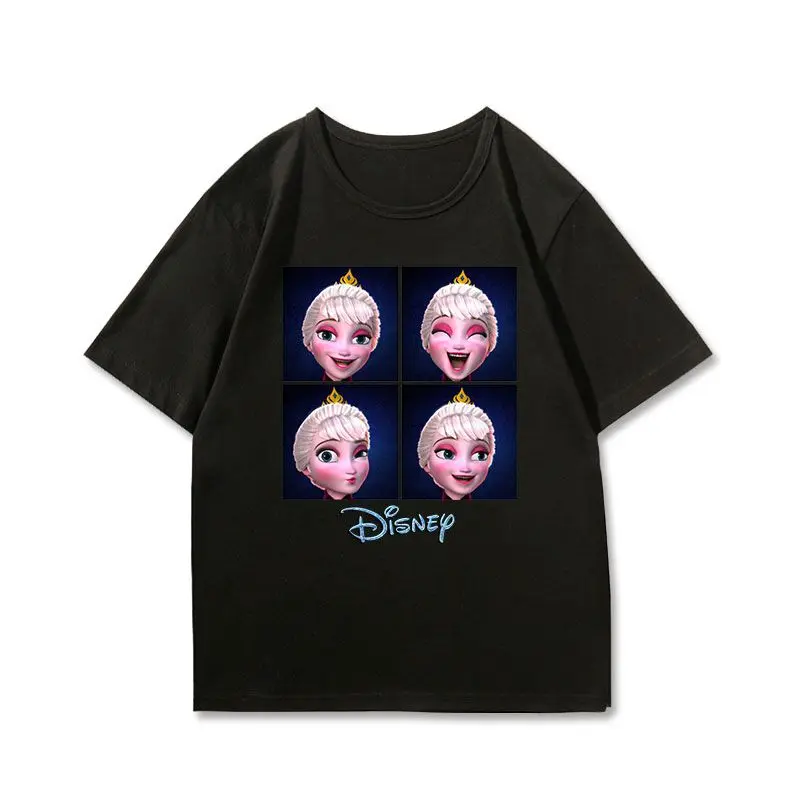 Camiseta negra de Frozen 2 de Disney para mujer y niño, Tops informales de algodón de verano 2025, diseño de cuadrícula de personaje de Elsa Anna Olaf, fondo azul