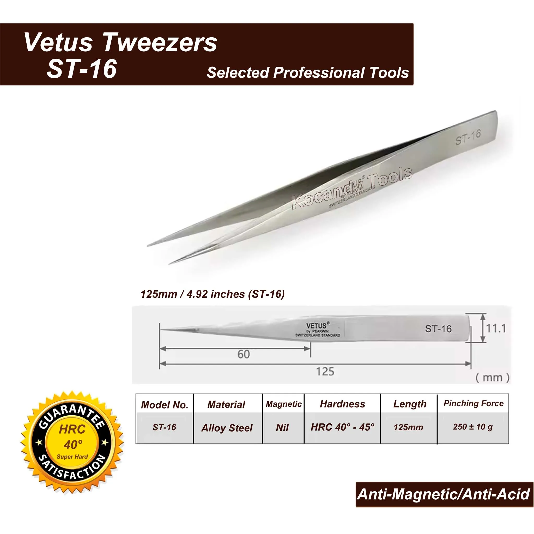 VETUS TWEEZER ST-16 Super Fine Tip High Quality Stainless Steel Super Hard Anti-magnetic and Anti-Acid Precision Tweezers