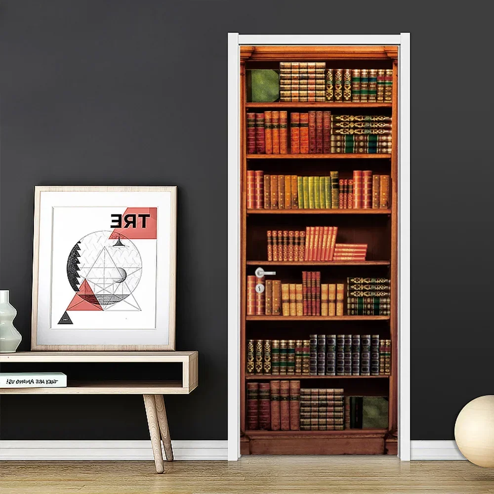 3D Nordic Door Stickers Retro Wooden Frame Oil Painting Wine Geometry PVC Wallpaper Sticker Home Decor Poster
