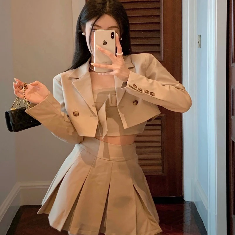 

Khaki Back Hollow Design Short Coat Tube Top High Waist Pleated Skirt Three-piece Suit Female Spring and Summer Jk College Style