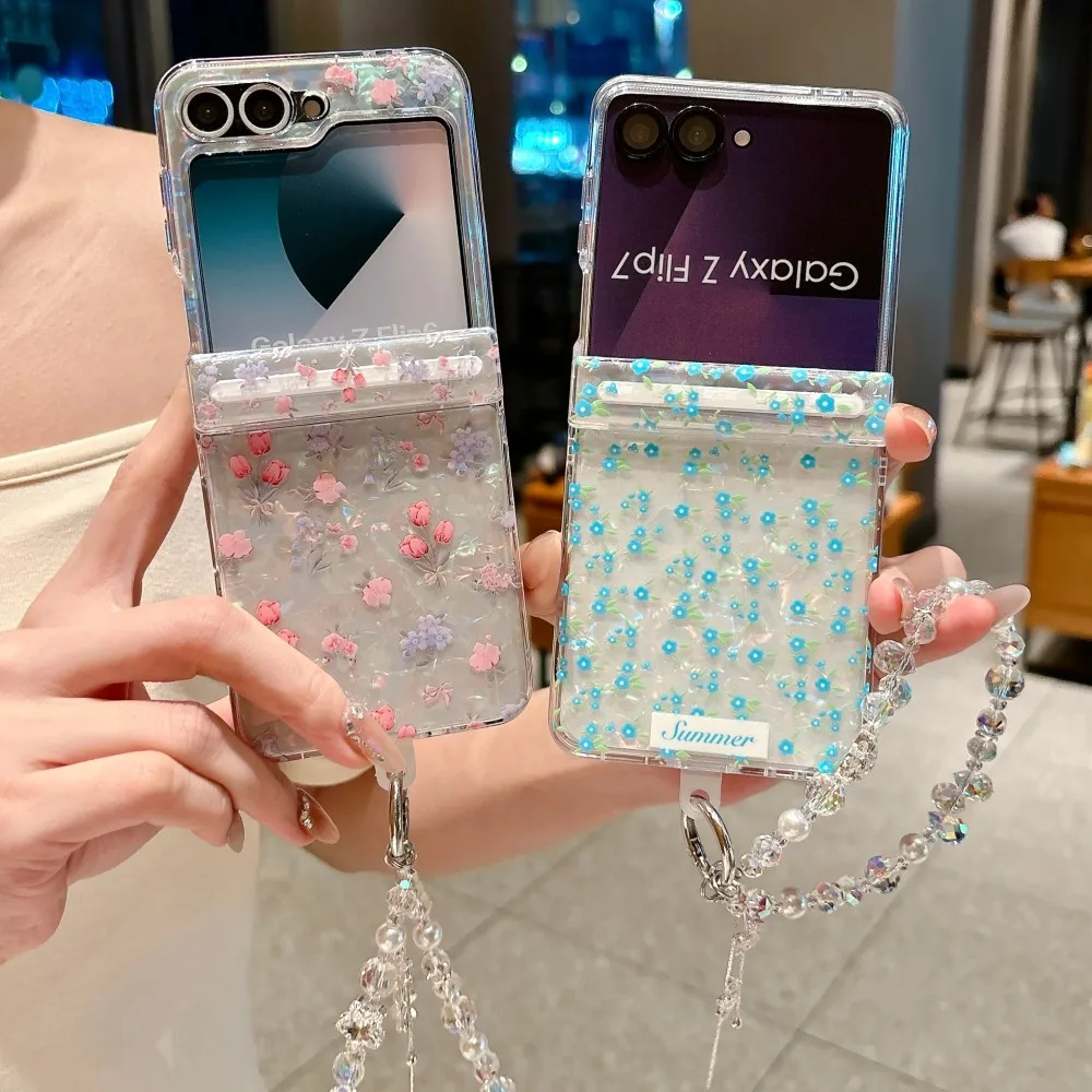 Floral Pattern For Samsung Galaxy Z Flip 6 7 FE 5G Phone Case Magnetic Hinge Bracelet Protective PC Hard Shell Back Cover
