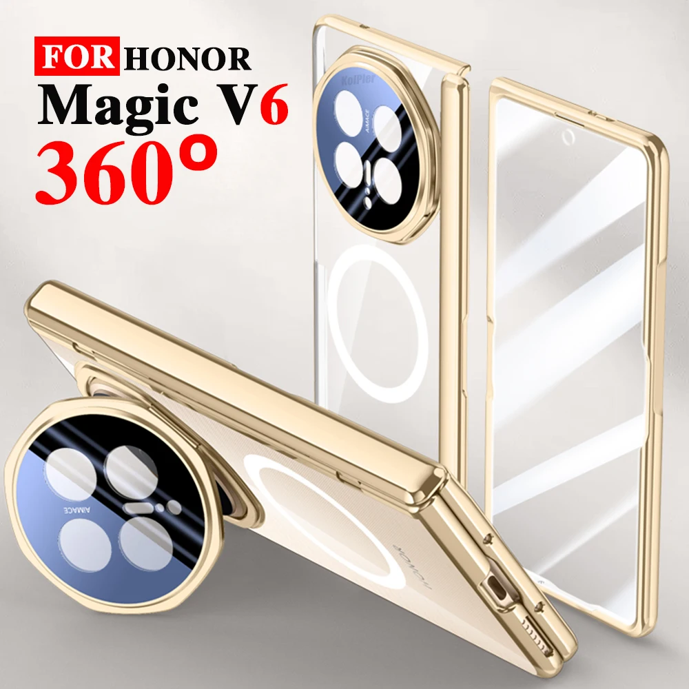 

Plating Clear Alloy Lens Stand Holder Cases For HONOR Magic V6 5G 2026 Magnetic Flip Camera 360 Full Protection Cover
