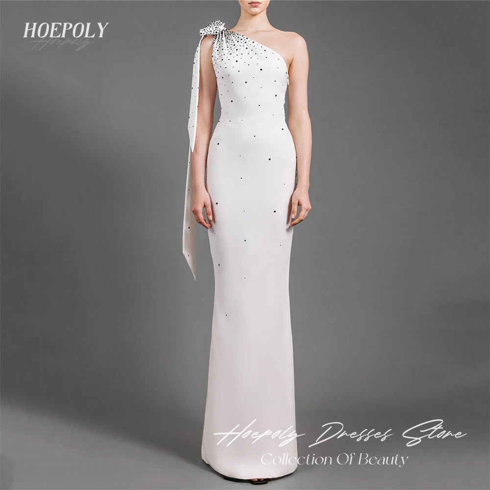 Hoepoly Elegant One Shoulder Sleeveles Bow Crystal Mermaid Long Evening Dress Floor Length Formal Classy Luxury Prom Gown