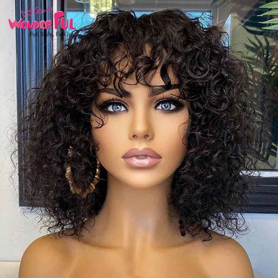 Brazilian Jerry Curly Wonderful Nature Black Dark Remy Hair Curly Wigs P4/27 Red 99J Ombre 33# Wigs With Bangs Orange For Women