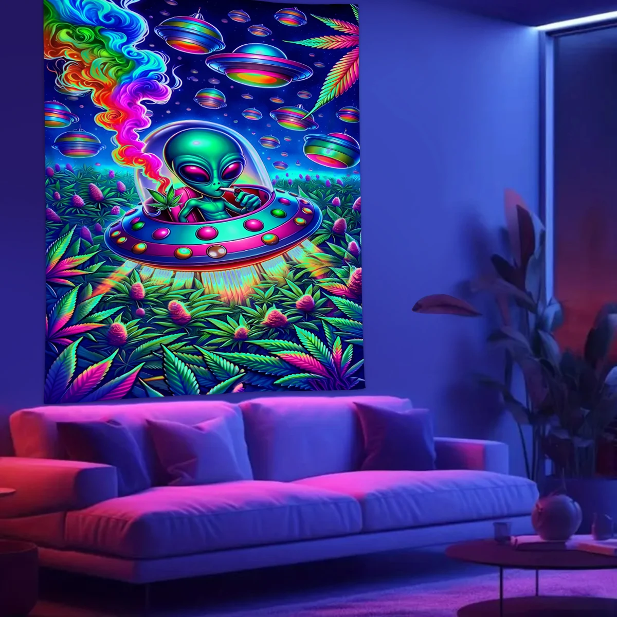 1pc Fluorescent alien tapestry, UV black light tapestry, fantasy UFO space room living room decoration wall hanging