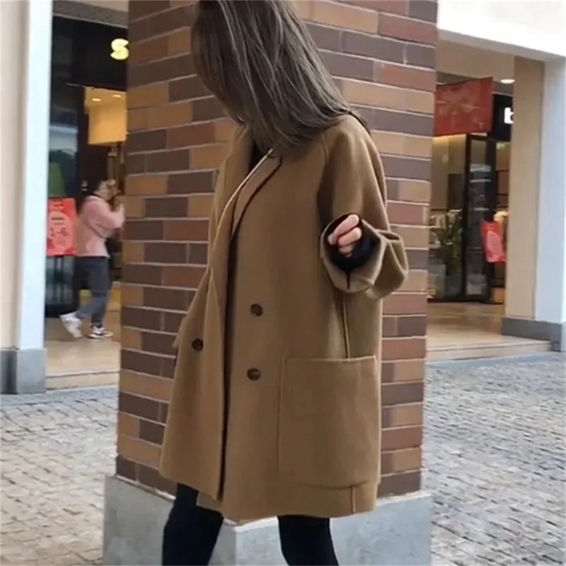 Korean version autumn and winter big pocket small woolen coat women's suit collar loose wind medium long woolen coat women