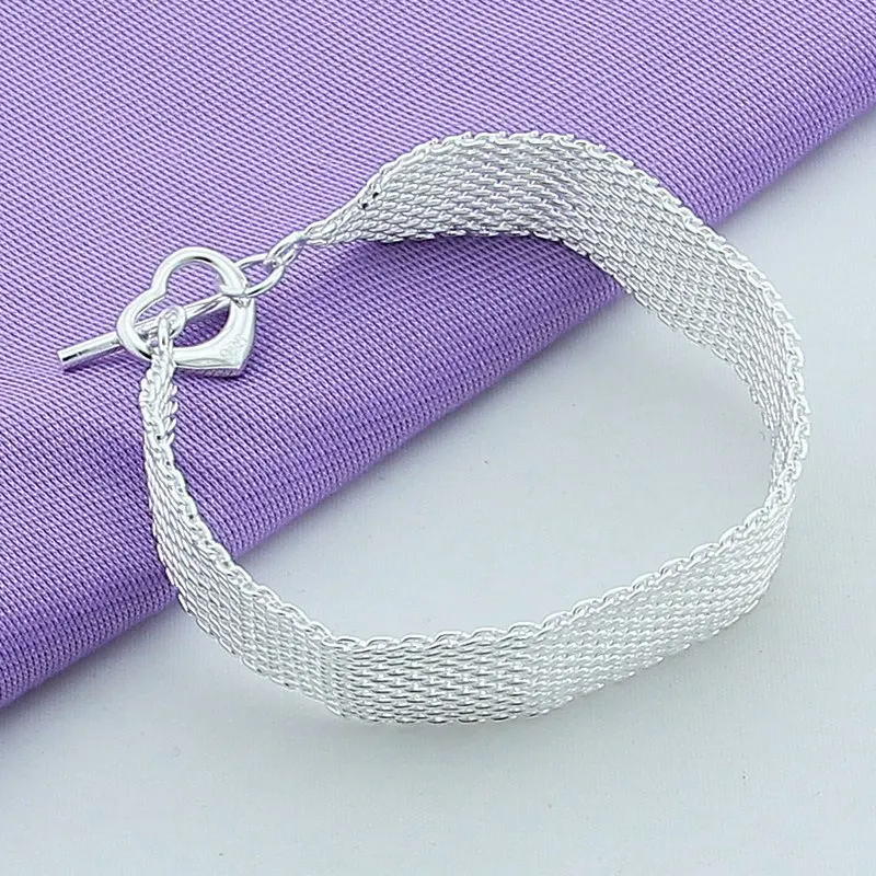 Beautiful 925 Sterling Silver Mesh Bracelets Heart Clasp Nice For Wedding Women Chain Charm Fashion Gorgeous Jewelry 16mm Chain