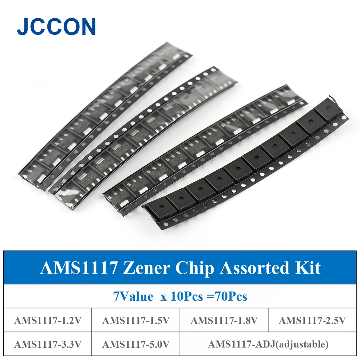 70Pcs/Lot AMS1117 Zener Chip Assorted Kit 7Value x 10Pcs 3.3V 5.0V 2.5V 1.8V 1.5V 1.2V ADJ sot223 Assortment Kit