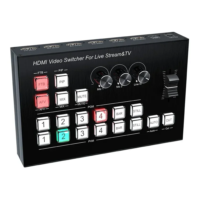Video switcher, for live audio mixer, sound mixer processor 4 in and 2 out, support microphone cable into OBS