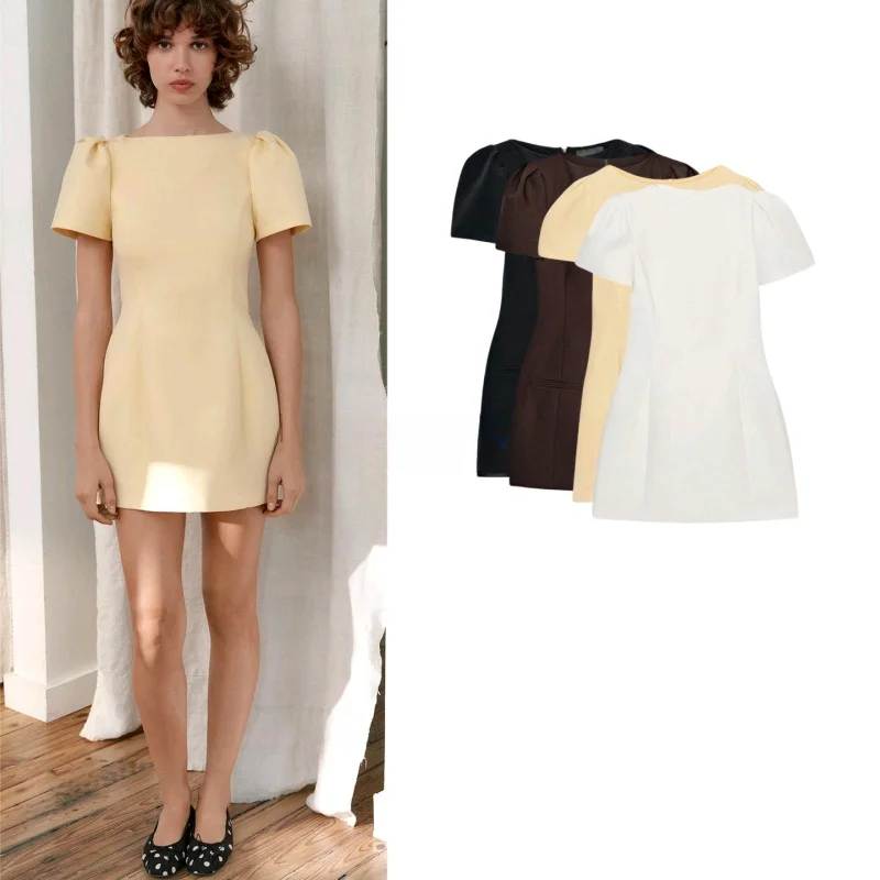 

Spring Summer New Women's Fashion One-Shoulder Pleated Pocket Short Dress High Waist A-Line Skirt Bubble Sleeve Polyester Fiber