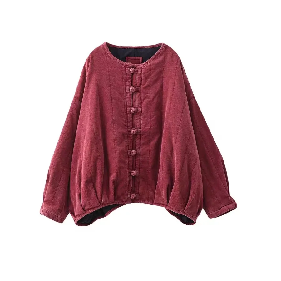 레트로 중국풍 슬루핏 코튼 자켓 버튼 라운드 넥 벨벳 코트 티엔드 대형 사이즈 여성 겨울 코트