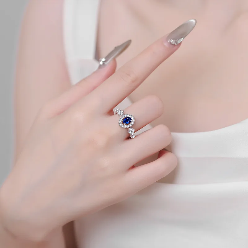 

Luxury Royal Blue Oval Wrapped Women's Ring Platinum PT950 0.5ct Moissanite Rings for Girl Unique Bridal Jewelry