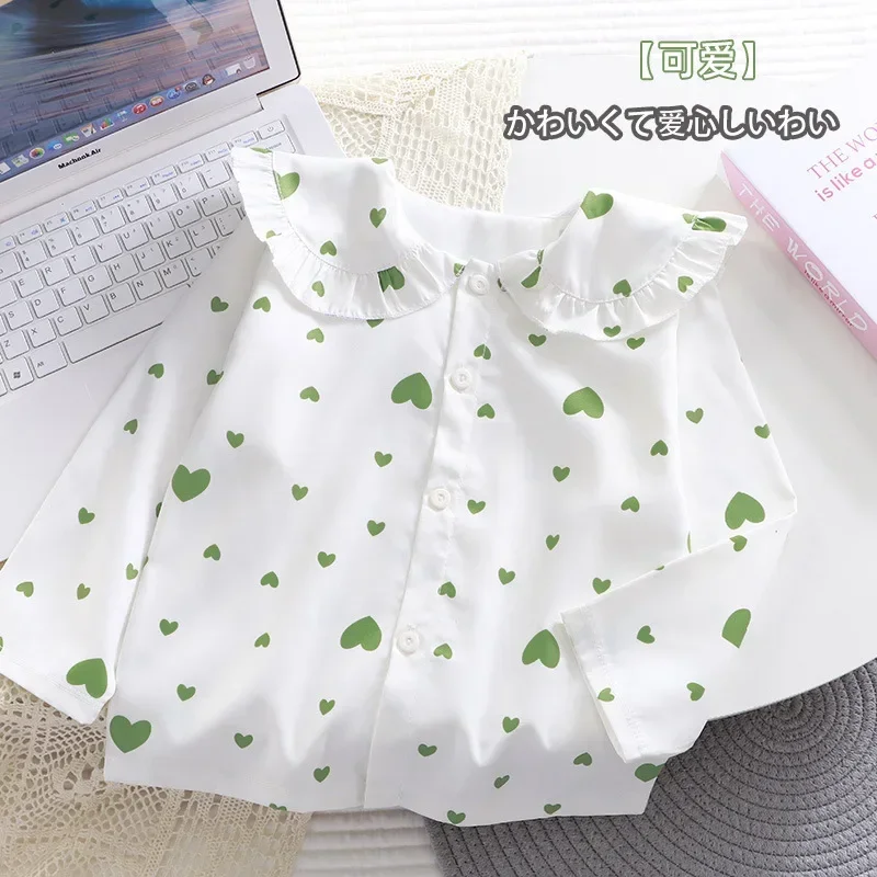 

New 2024 Autumn Baby Girls Casual Long Sleeve Lapel Blouse Kids Children's Cute Heart Strawberry Print Bottoming Shirt Tops