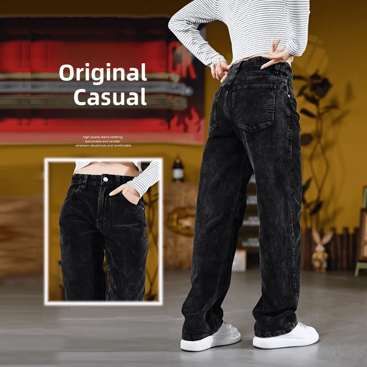 

Bla Corduroy Men's Jeans Autumn Winter Waed American Loose Straight Leg Stripe Casual Pants Busin Casual Sle Cotton