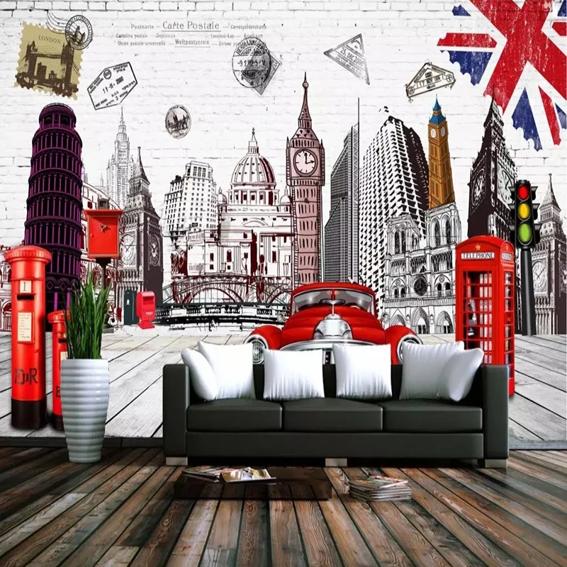 Retro 3D Hand Drawing Building Custom Photo Murals Wallpaper Living Room Restaurant Cafe Background Wall Painting Decor