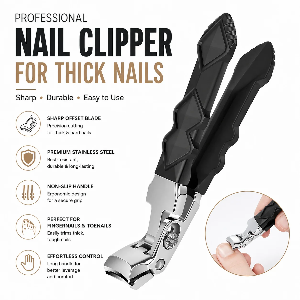 Professional Long-Handled Nail Clippers, Non-Slip and Sweat-Resistant Handle, Sharp Angled Blades, Suitable for Hard and Thick Fingernails and Toenails
