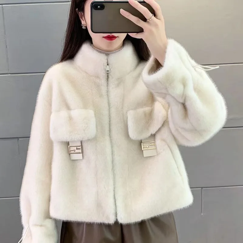 

All-match Long Sleeved Mink Fur Coat Solid Simple Casual Warm And Thick Women Winter Jacket 2025 Autumn New Tide