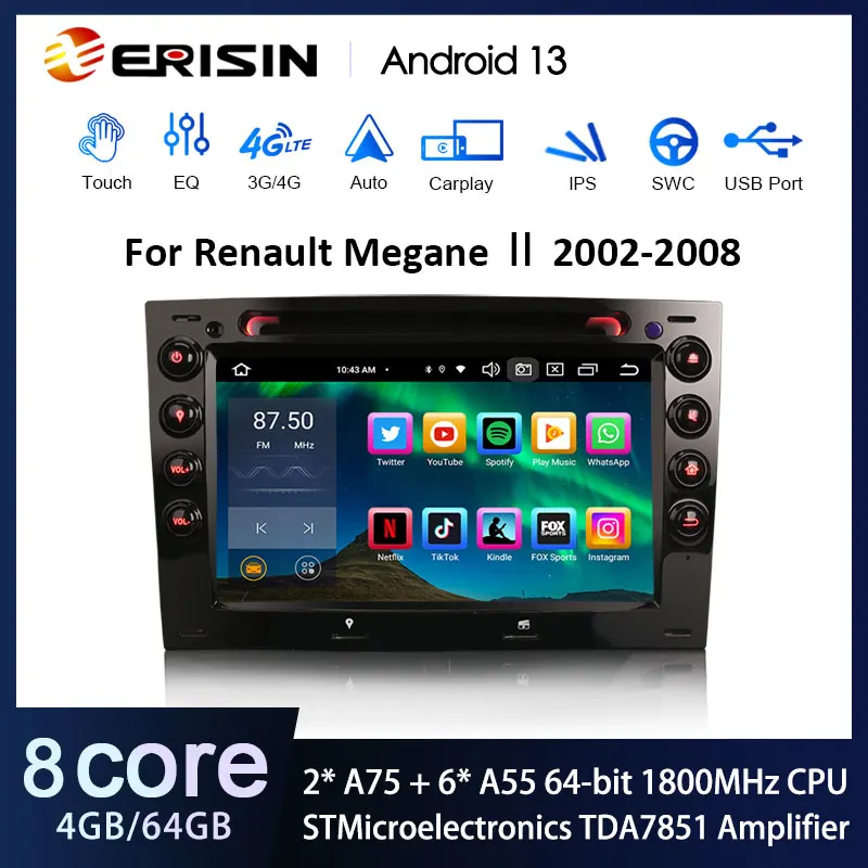 Erisin ES8513M IPS Android 13 Car Stereo GPS 4G For Renault Megane 2 Wireless CarPlay Auto Radio DSP 4G LTE Slot BT5.0 2Din DVD