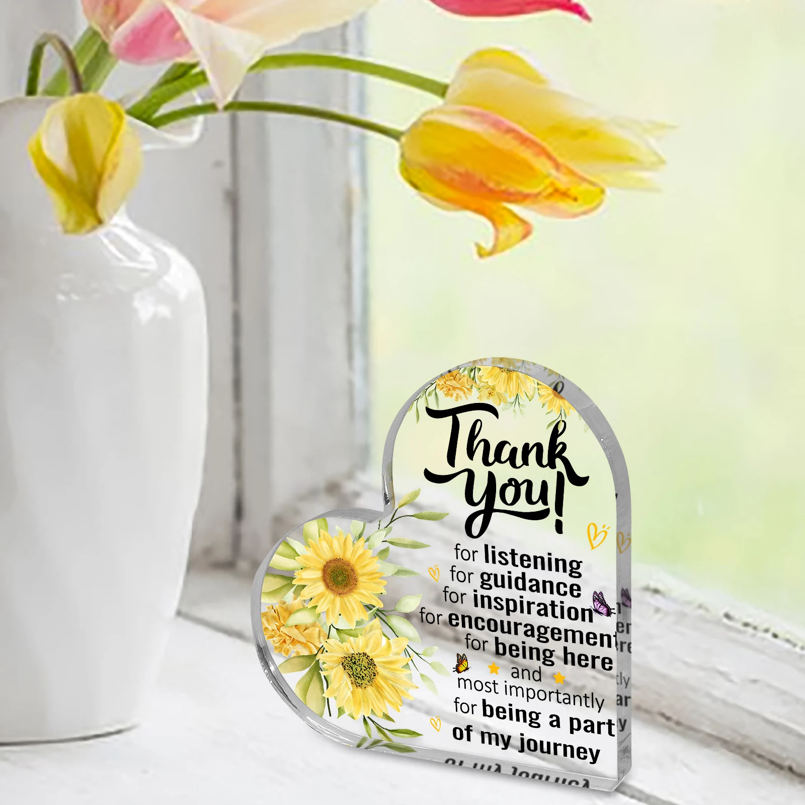Thank You Heart-shaped Acrylic Plaque Sunflower Keepsake Appreciation Gift for Teacher Mentor Boss Friend Coworker Desk Decor
