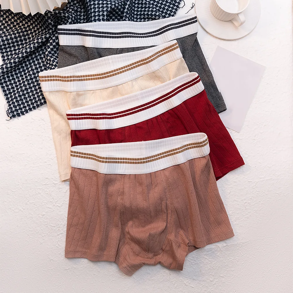 Men Striped Middle Waist Elastic Slimming Boxer Briefs Shorts Simple Breathable Underwear Soft Fitness Trunks
