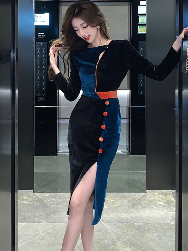 Imagem -02 - Vestido Midi de Veludo de Duas Peças Falso Feminino Patchwork Preto Elegante Chique Vintage Coreano Bodycon Azul Outono Inverno 2023