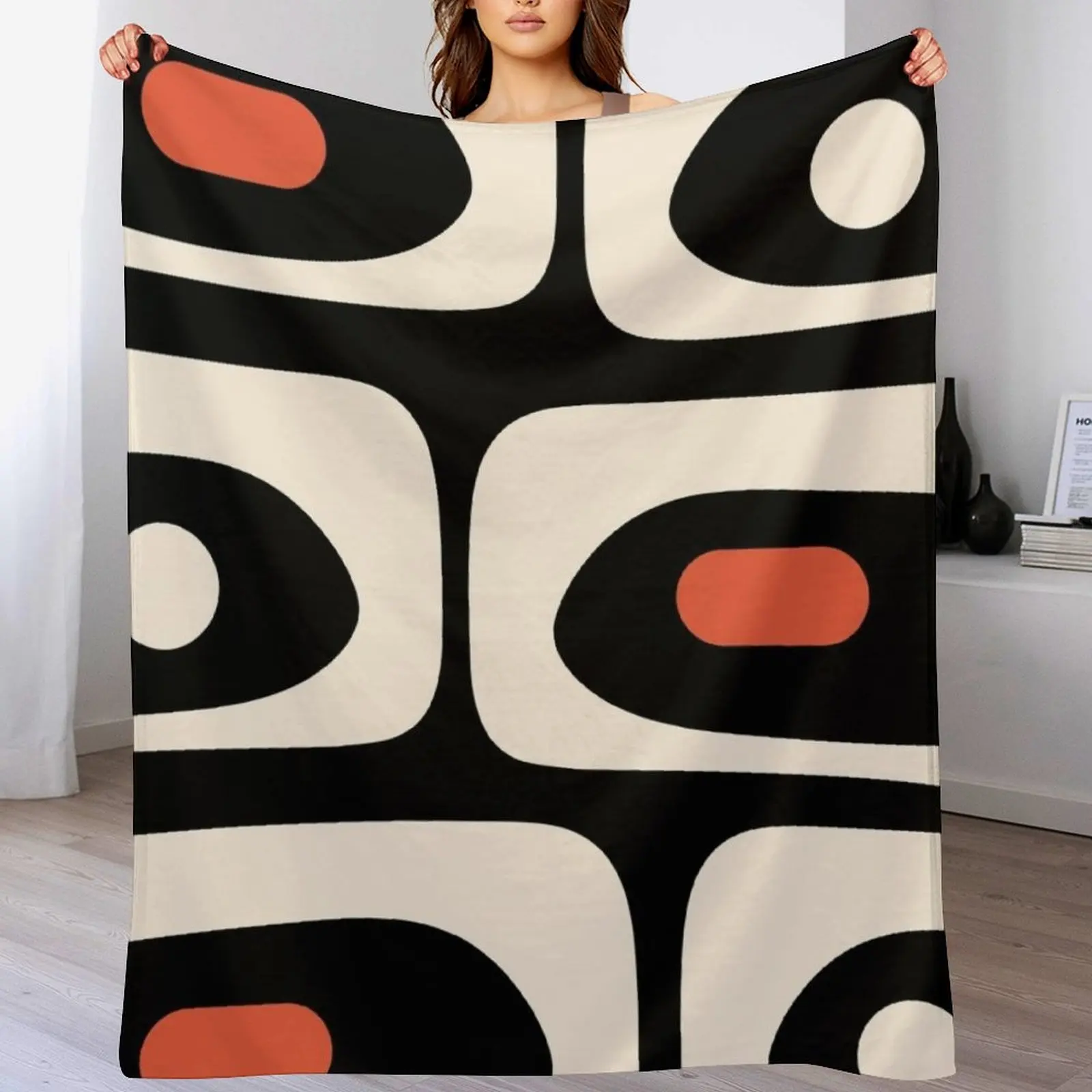 Mid Century Modern Piquet Abstract Pattern Black, Orange, and Almond Cream Throw Blanket