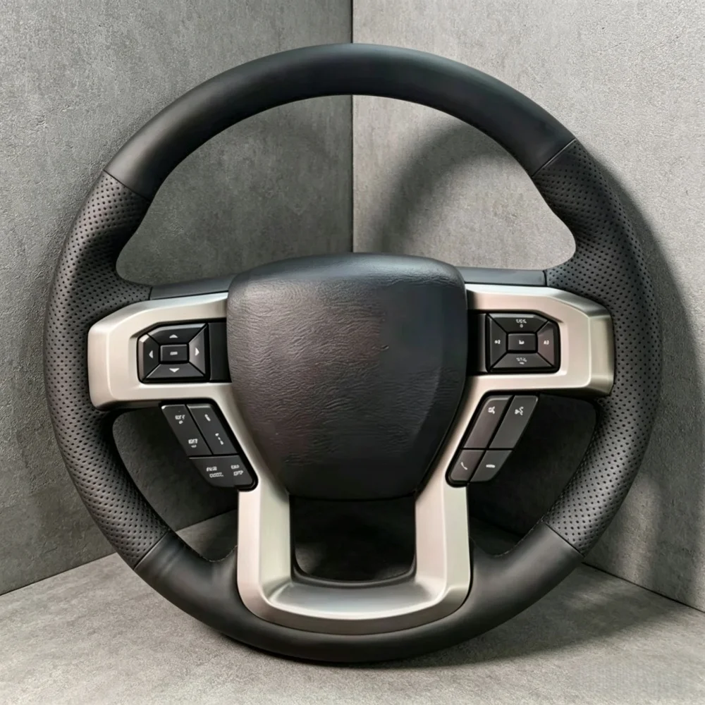 Funda de Volante de Cuero Artificial Negro Perforado con Trenzado para Ford F-150 King Ranch Lariat Platinum XL XLT 2015-2017