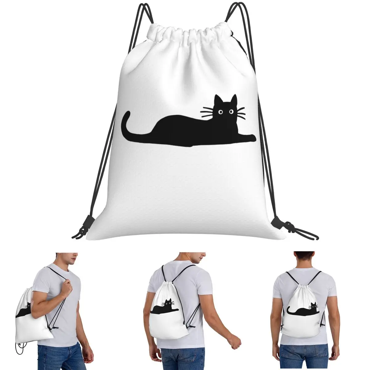 Black Cat Backpacks Portable Drawstring Bags Shoes Bag Book Bags for Man Woman School
