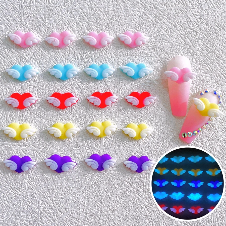 

30PCS Noctilucent Wing Love Heart Nail Charms Supplies For Nails Art Decoration Cute Luminous Manicure Decor Accessories Parts