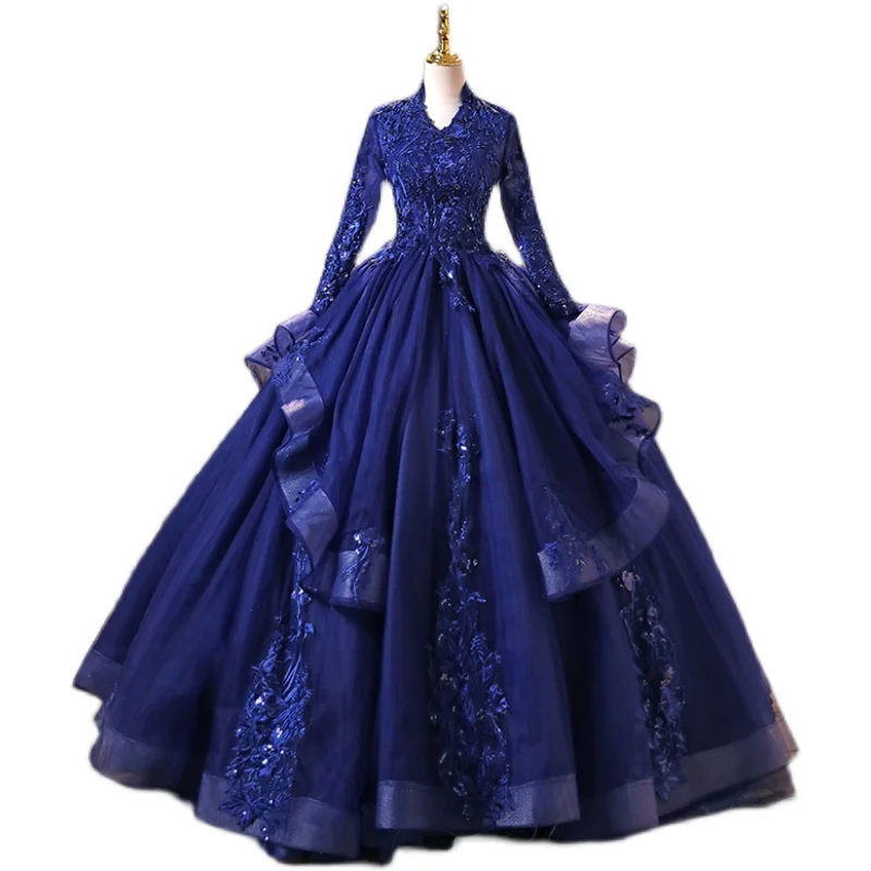 royal blue long sleeve fairy theme dress Quinceanera embroidery gown dress vintage medieval Renaissance princess Victoria/party