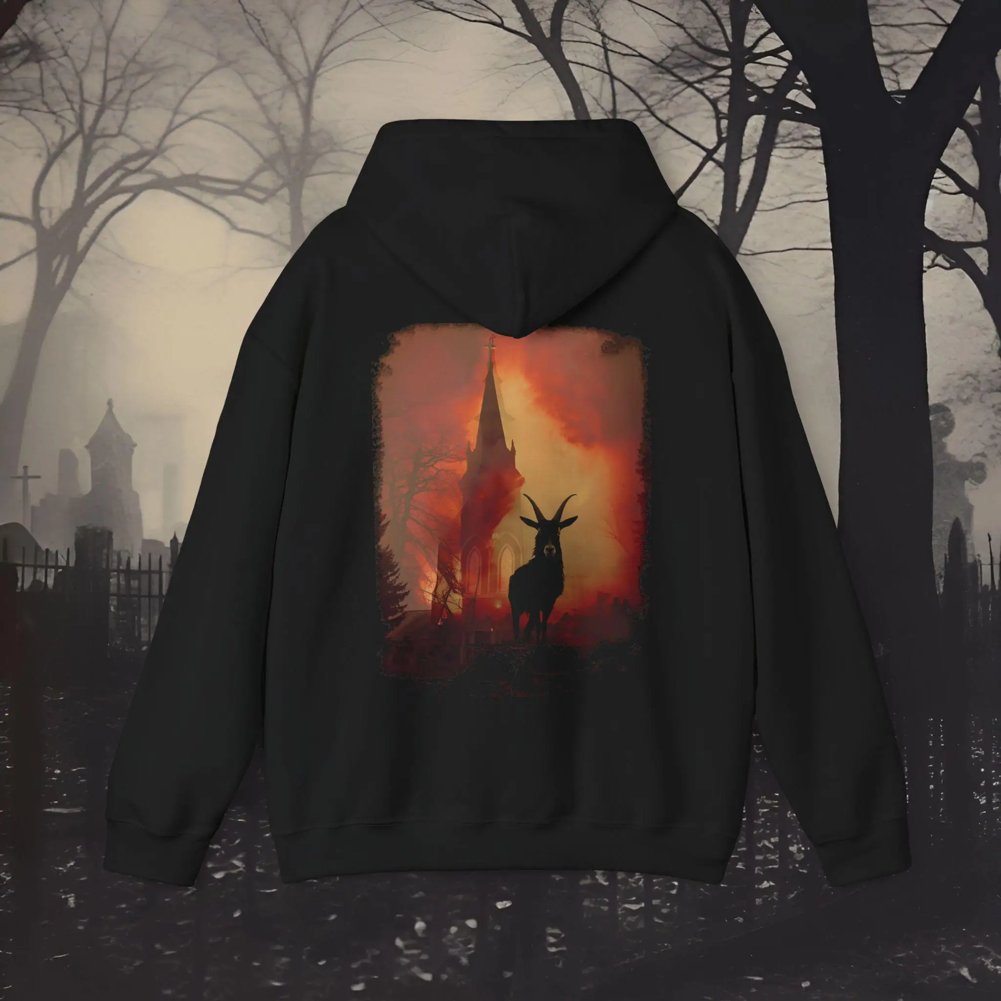 Felpa con cappuccio da uomo e da donna, chiesa gotica, demone, capra, fuoco, horror, stampa artistica, felpa nera oversize scura streetwear