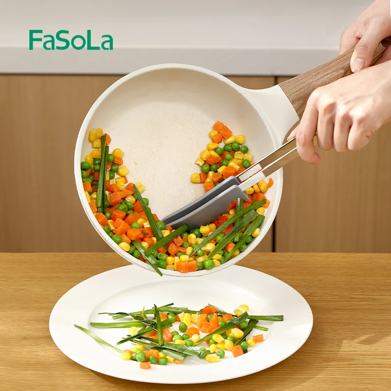 FaSoLa Heat Resistant Kitchen Stainless Steel Food Tongs for Cooking with Nylon Tips Non-Stick BBQ Salad Serving Food Tongs