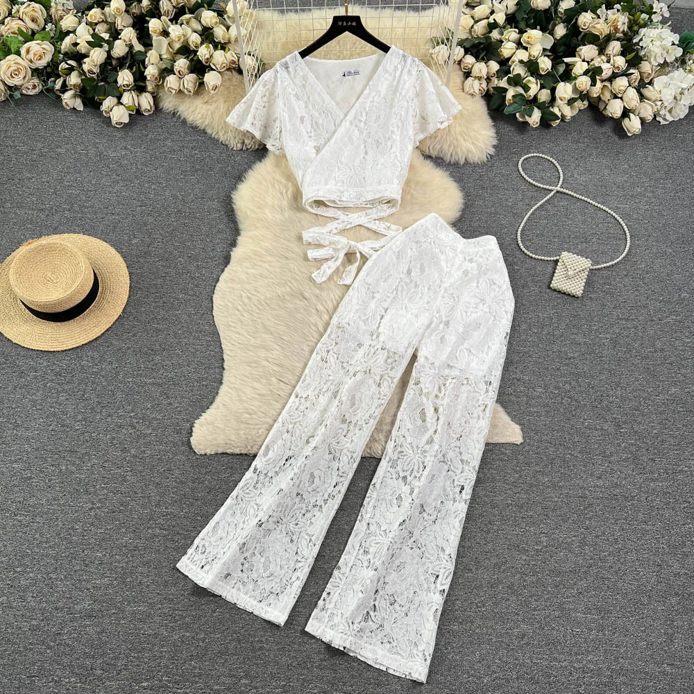 Hollow Pant Pajamas Sets for Women Ruffle Lace Hook Flower Bandage Short Tops + High Waist Wide Leg Pants Sheer Female Home Suit