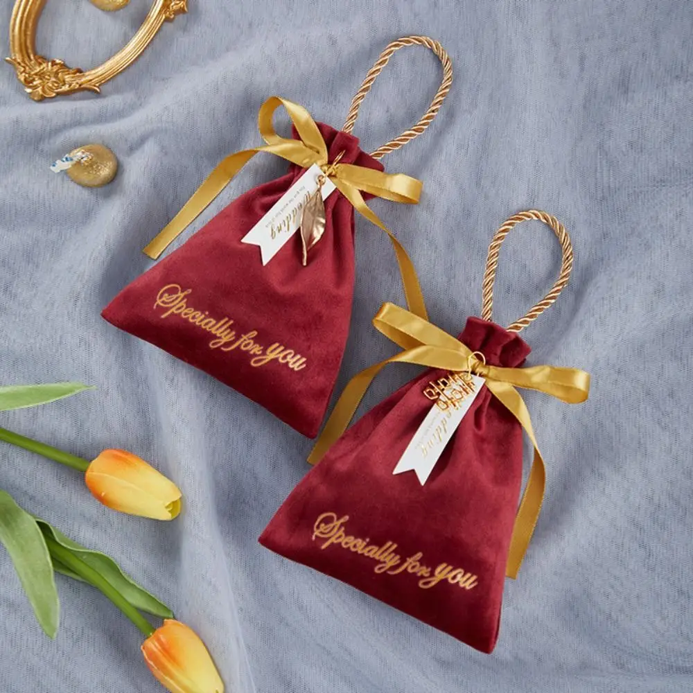 Velvet Ribbon Bow Drawstring Bag Satin Bow Festive Sugar Bag Ribbon Bowknot Handbag Letter Large Capacity Wedding DIY Candy Bag