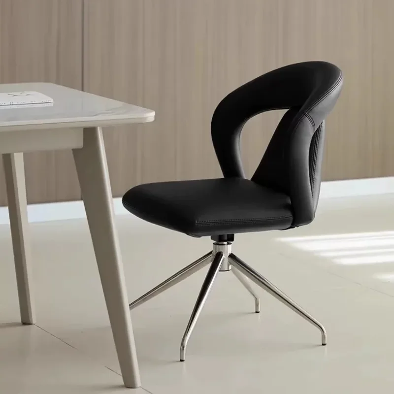 Cutout Hollow Back Swivel Desk Chair Polished Metal Tripod Base Height Adjustable Leather Study Dining Chair