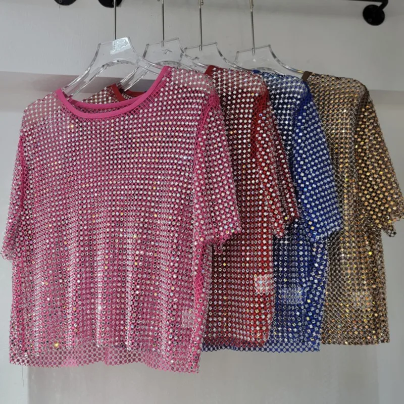 New style rhinestone starry sky diamond round neck short-sleeved shirt blouse hollow-out see-through T-shirt summer