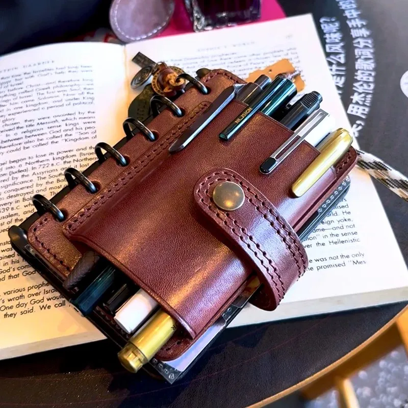 A7 Vintage Minimalist Loose-leaf Notebook, Full-Grain Fog Wax Cowhide Leather Journal, Portable Neck Strap Travel Stamp Book