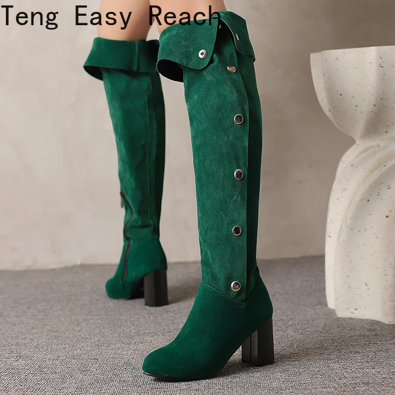 

Большие размеры, матовый флоковый материал, молния, металлическая пуговица, классические женские сапоги выше колена в стиле ретро, длинные сапоги на высоком каблуке с отвернутым верхом